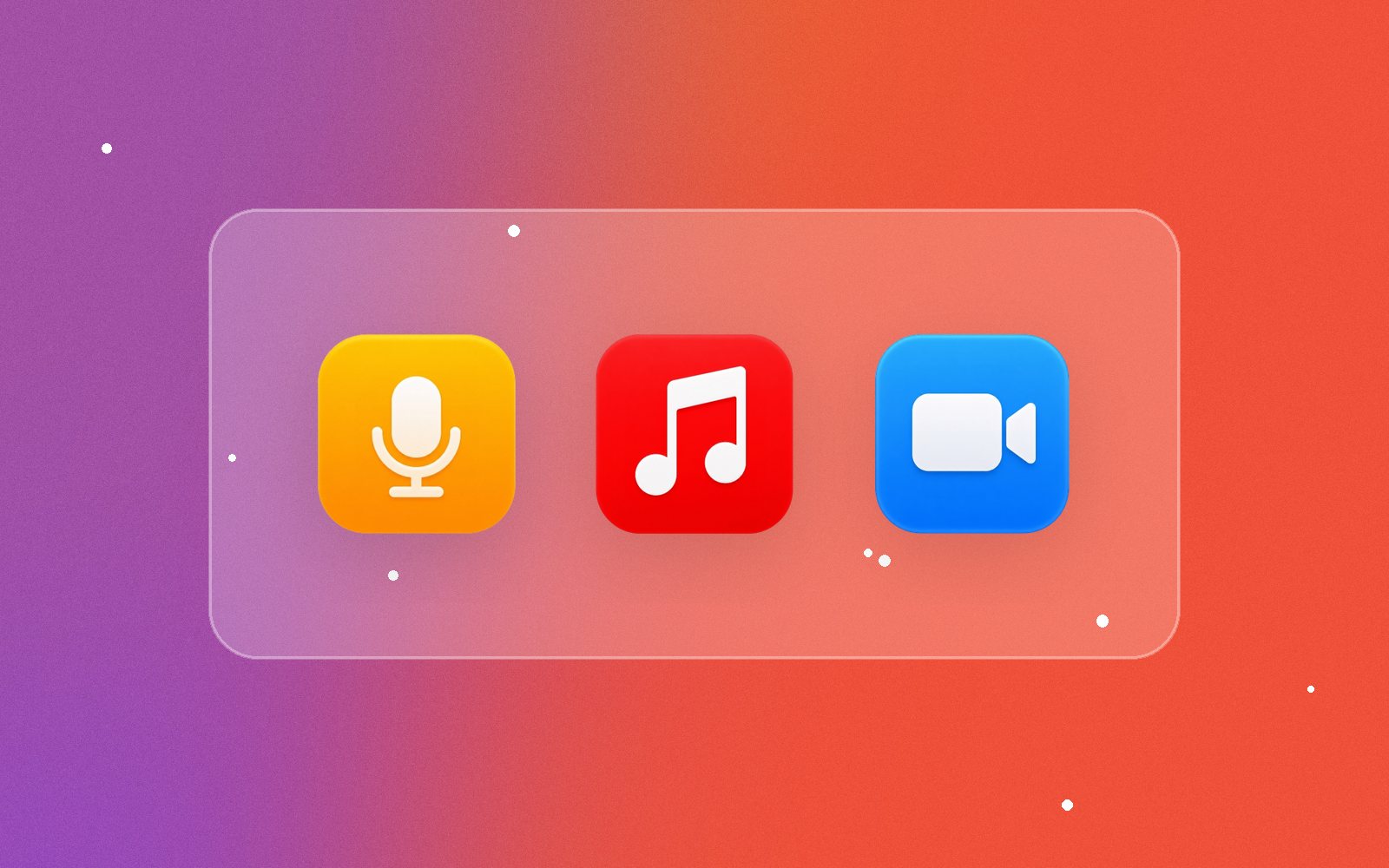 Voice, music and video app icons in a row, illustrating an AI video workflow